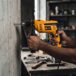 Person using yellow power drill on wall