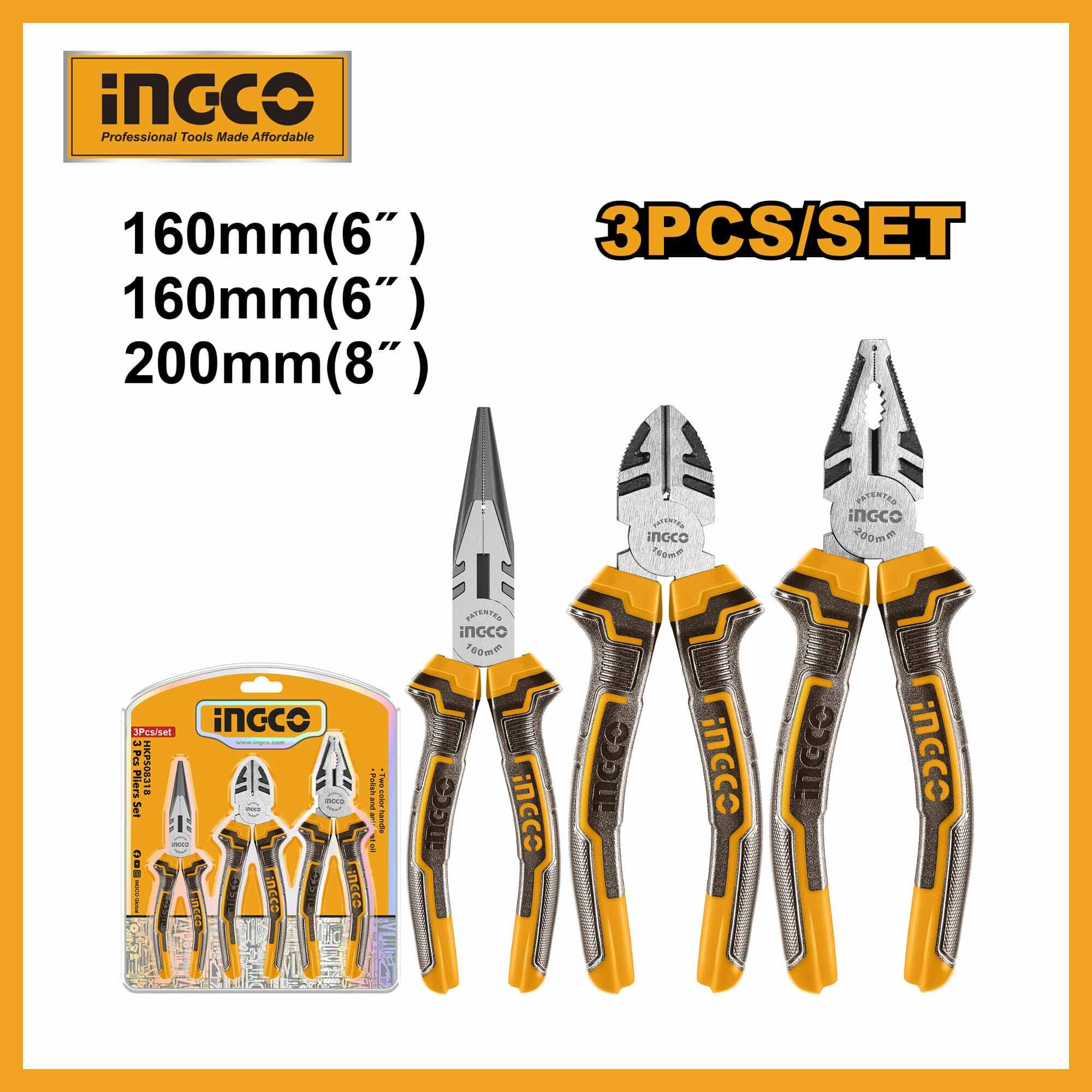 3 Pcs Pliers Set Ingco hkps08318