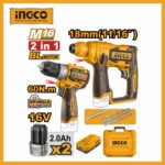 Lithium-ion 2 Pcs Combo Impact Drill & Rotary Hammer 16v Ingco cosli241295 (two Battery)