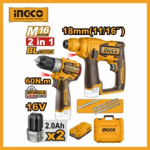 Lithium-ion 2 Pcs Combo Impact Drill & Rotary Hammer 16v Ingco cosli241295 (two Battery)