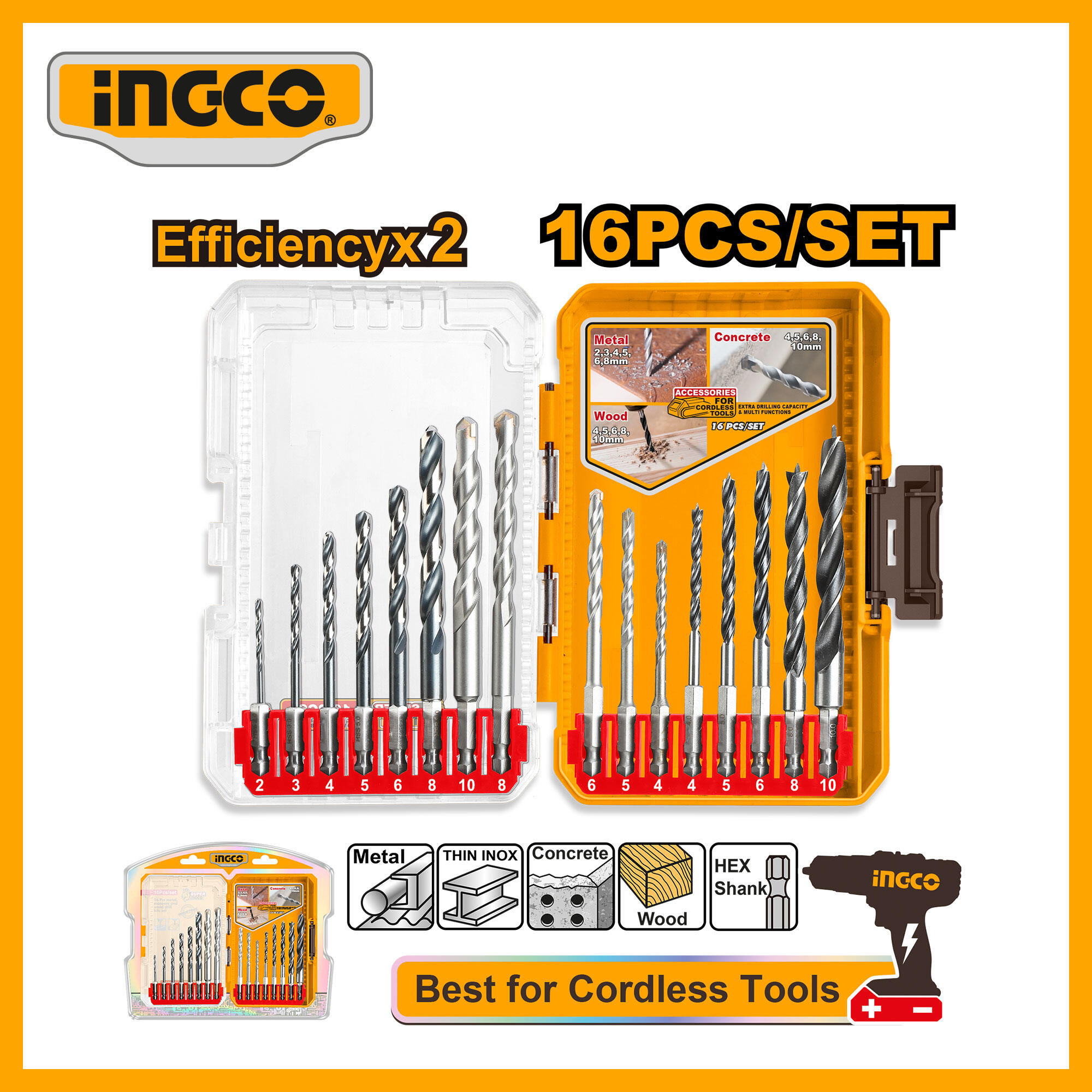 16 Pcs metal, masonry and wood drill bits set INGCO AKDL11608