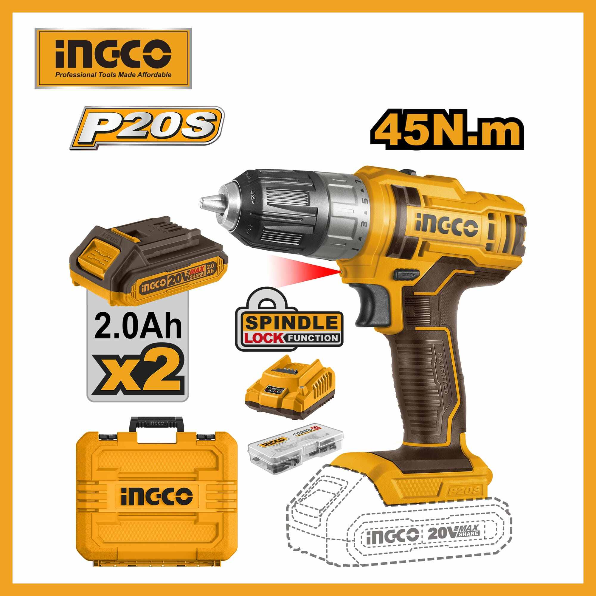 Lithium-ion Cordless Drill 20v Ingco cdli200528 (two Battery)