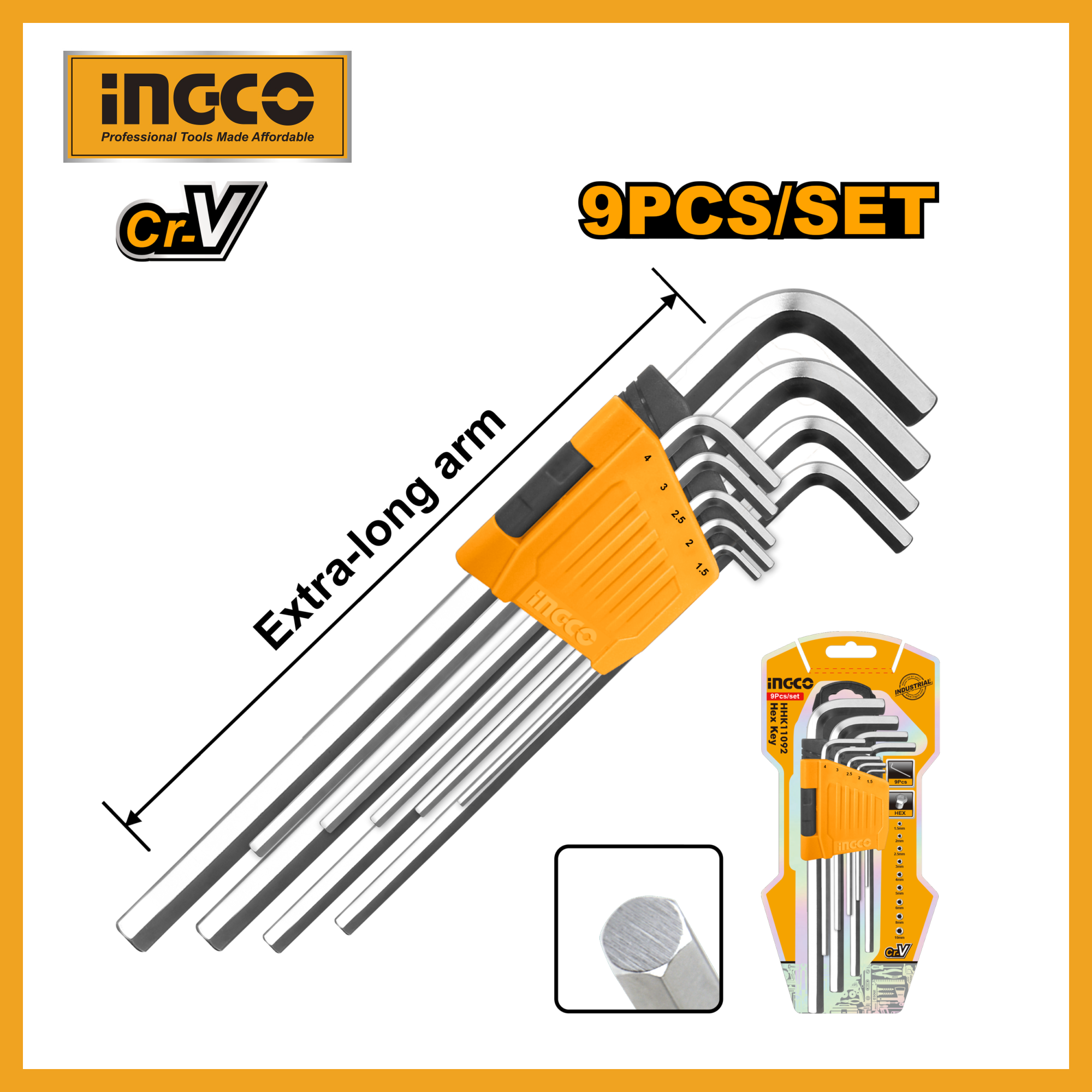 Hex Key 9pcs Extra Long Arm Ingco hhk11092