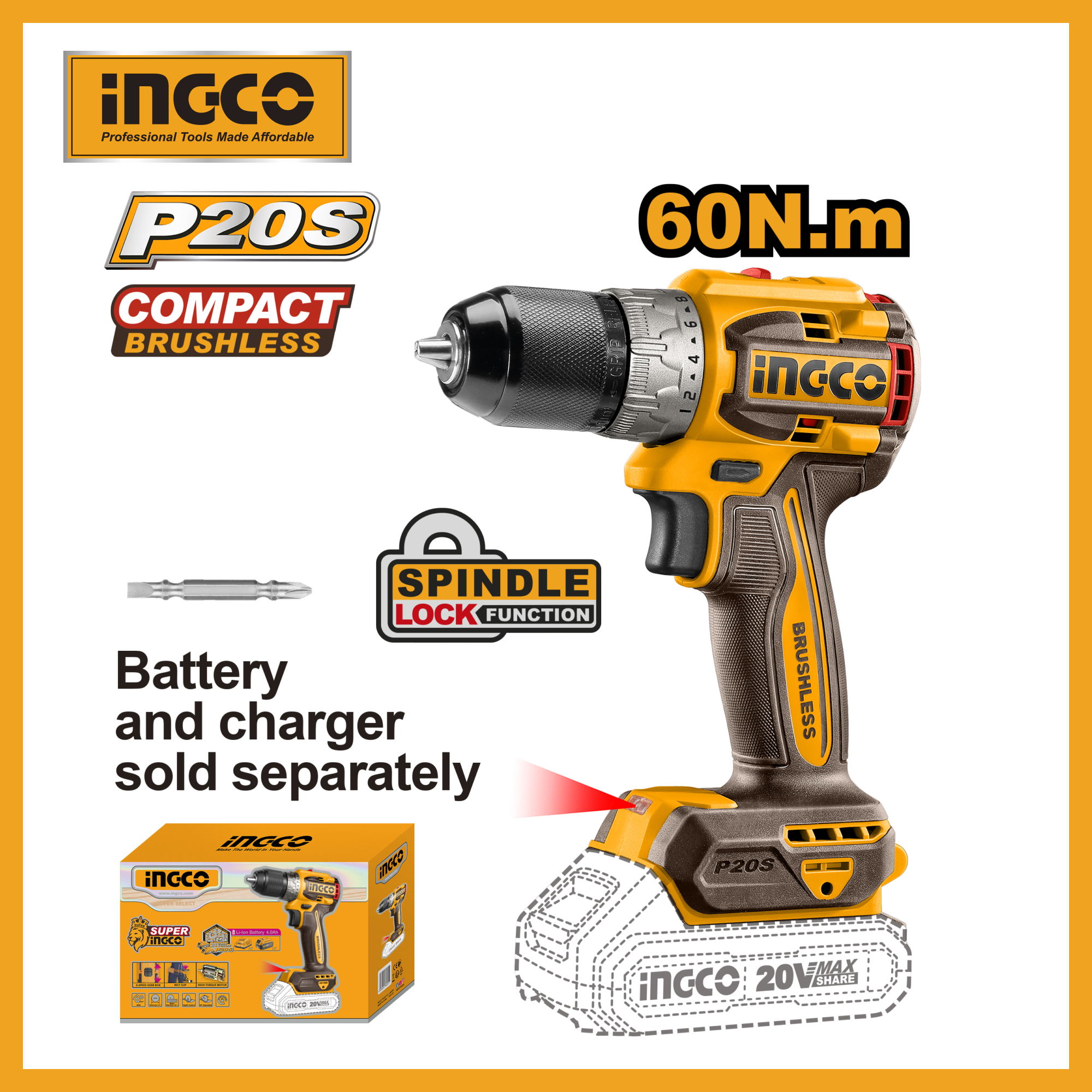 Lithium-ion Compact Brushless Cordless Drill 20v Ingco cdli206021