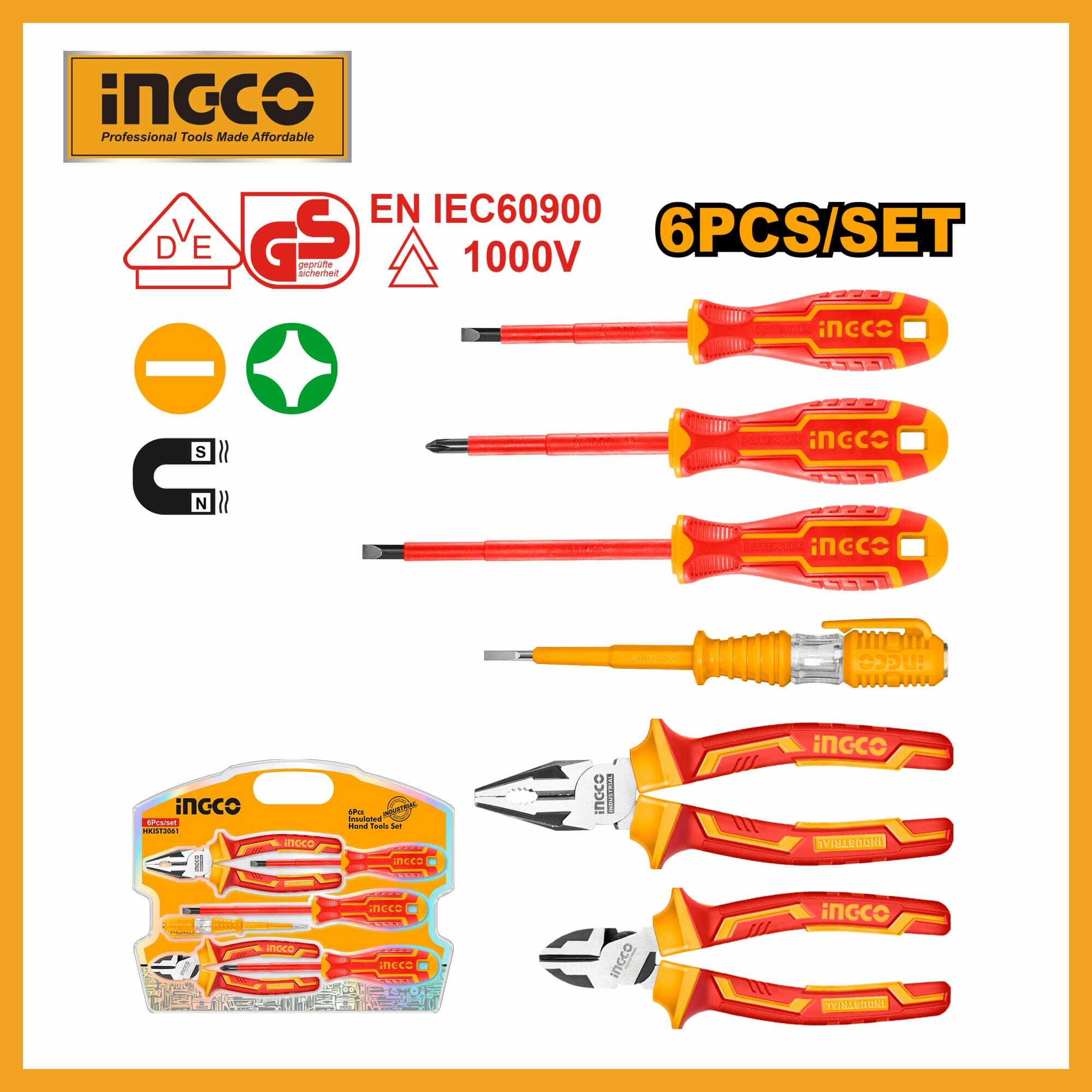 6 Pcs Insulated Hand Tools Set Ingco hkist3061