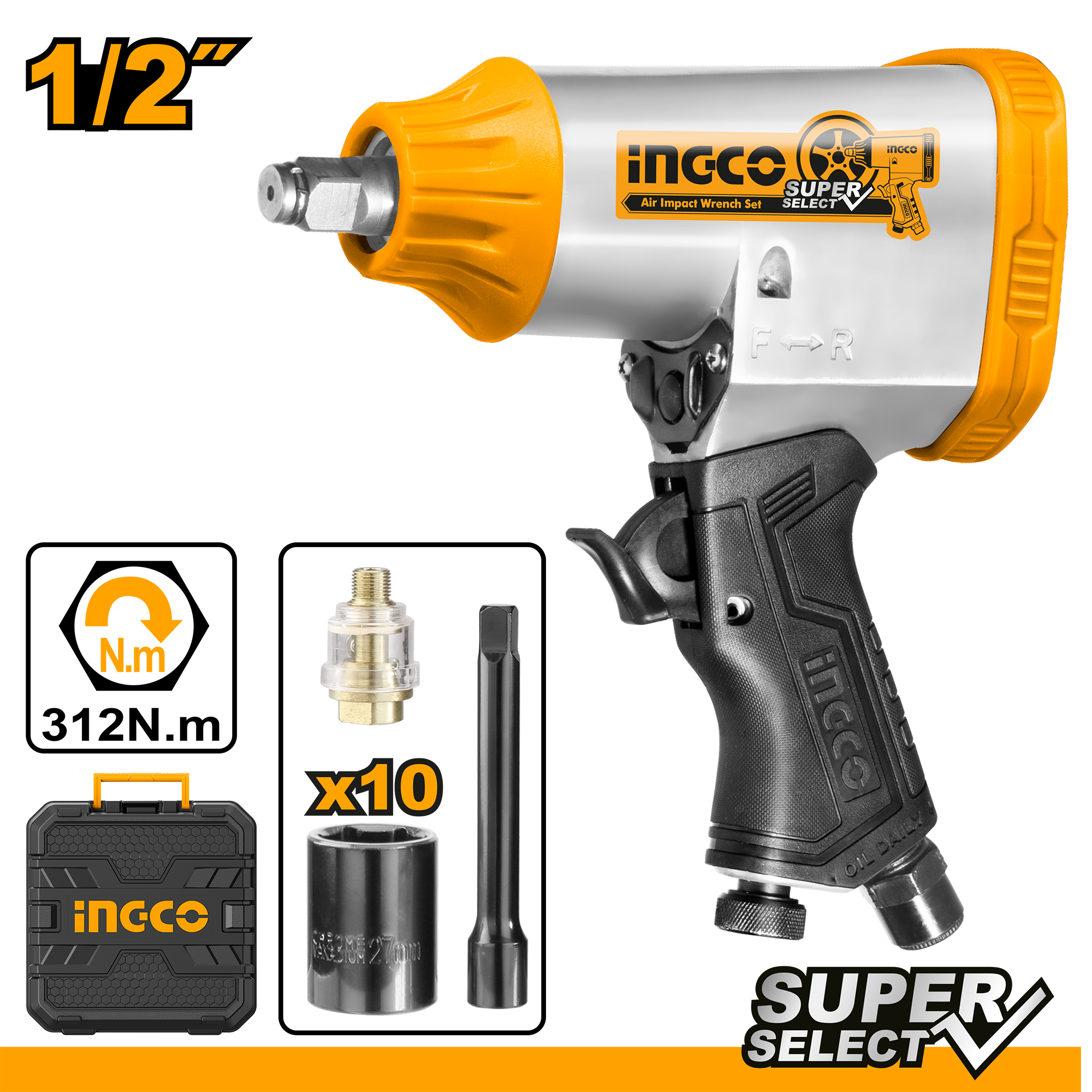 Air Impact Wrench Set 1/2" Drive Ingco aiw12312