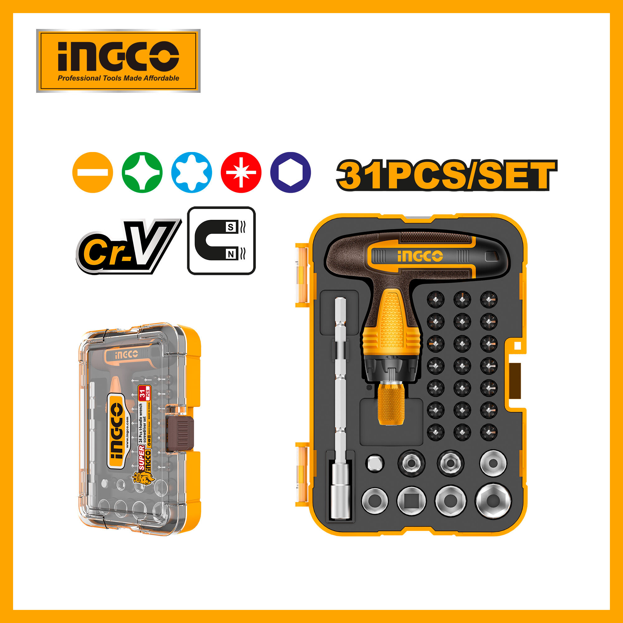 31 Pcs T-handle Wrench Screwdriver Set Ingco hksdb0318