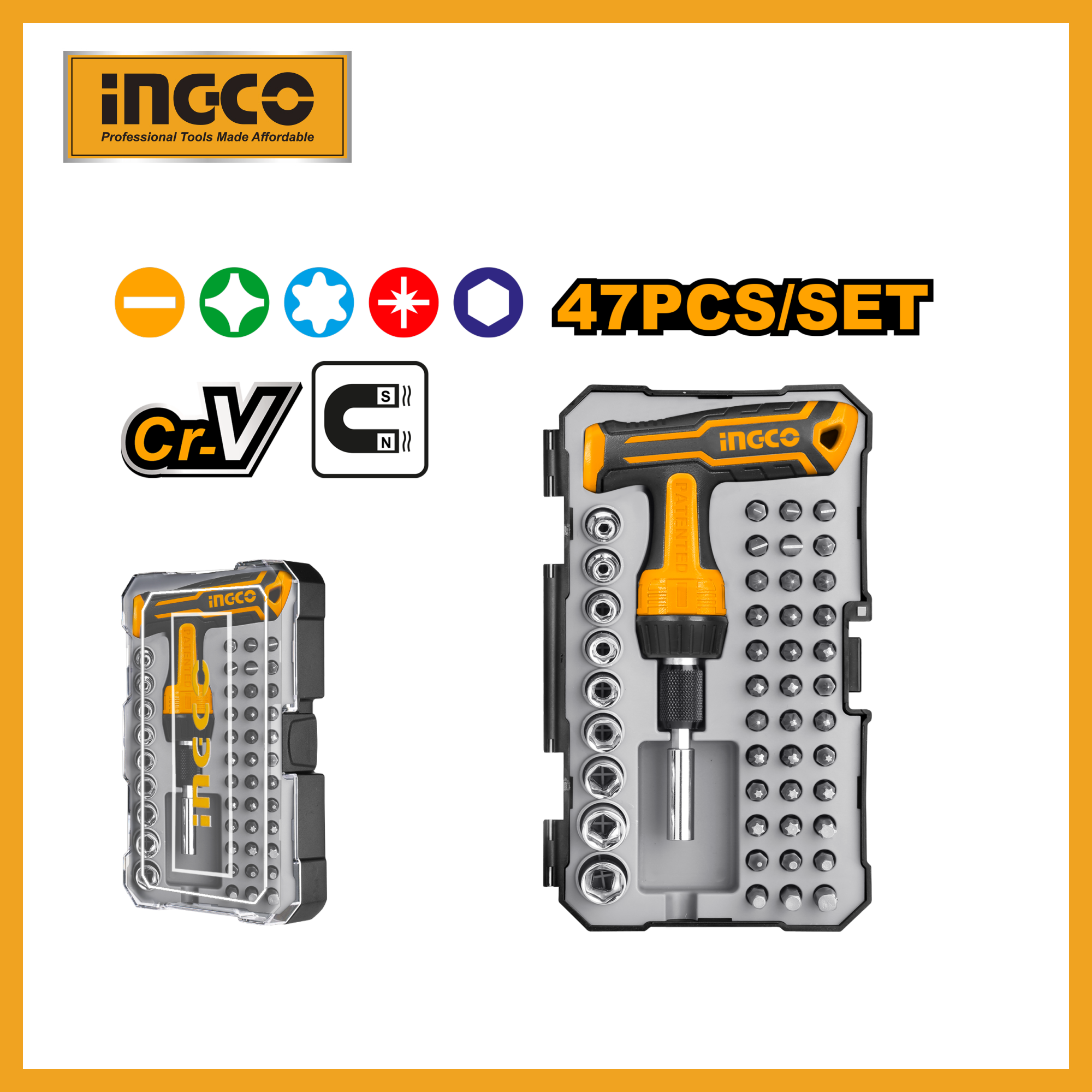 47 Pcs T-handle Wrench Screwdriver Set Ingco hksdb0478