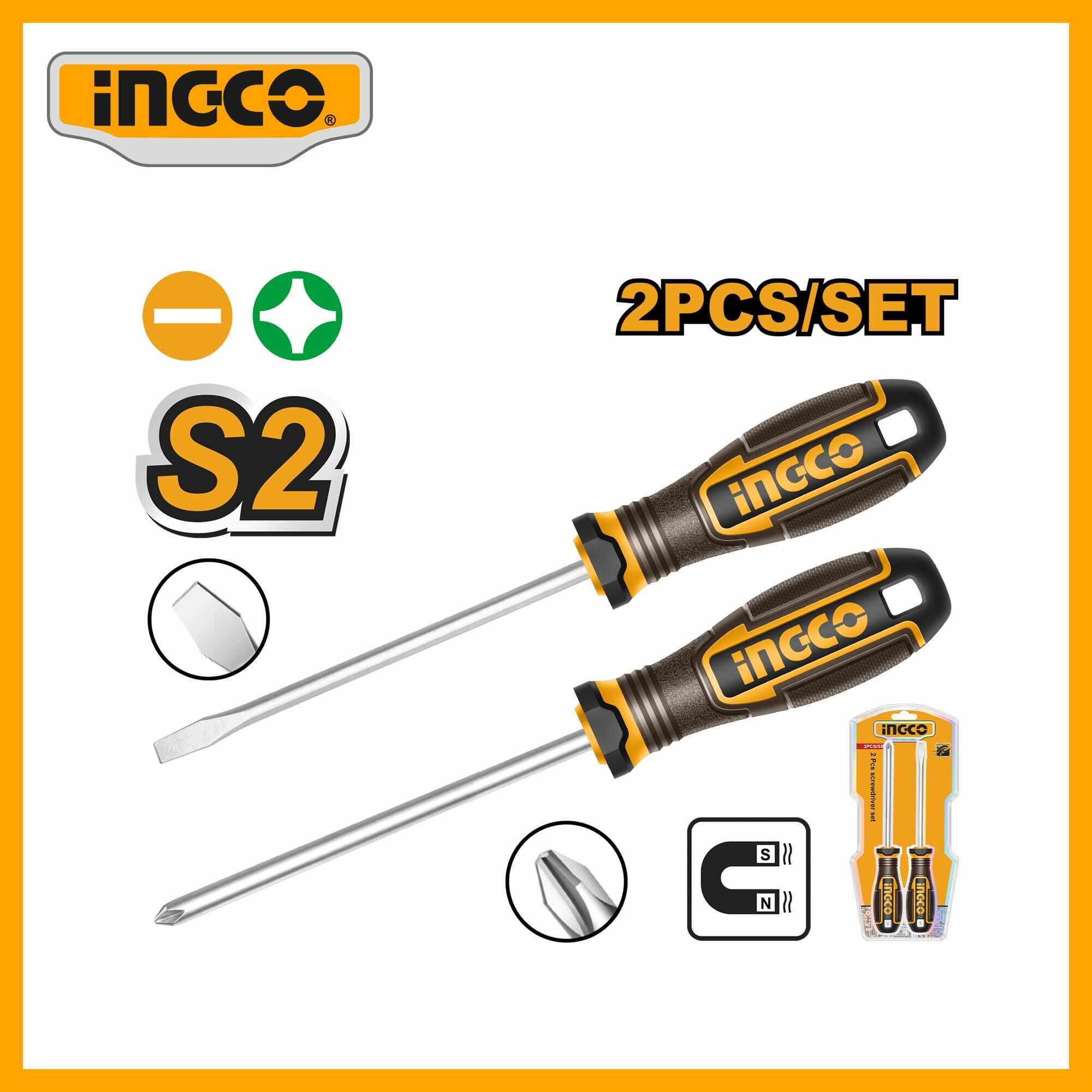 2 Pcs Screwdriver Set Ingco hksds0228