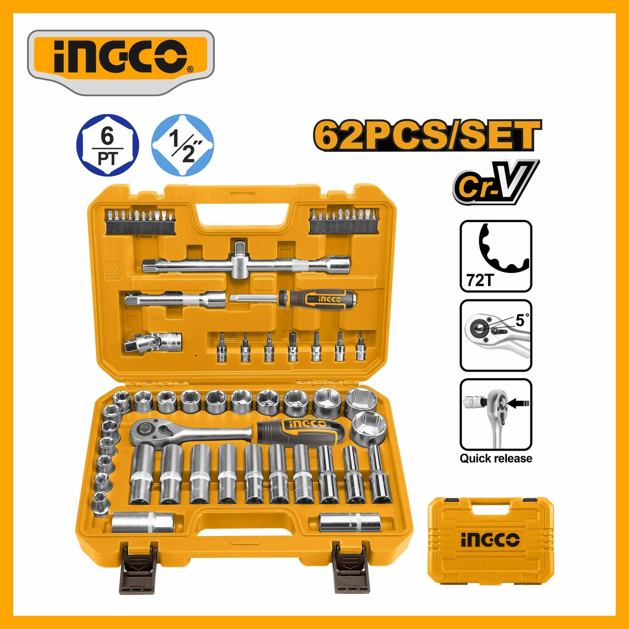62 Pcs 1/2" Socket Set Ingco hkts12602