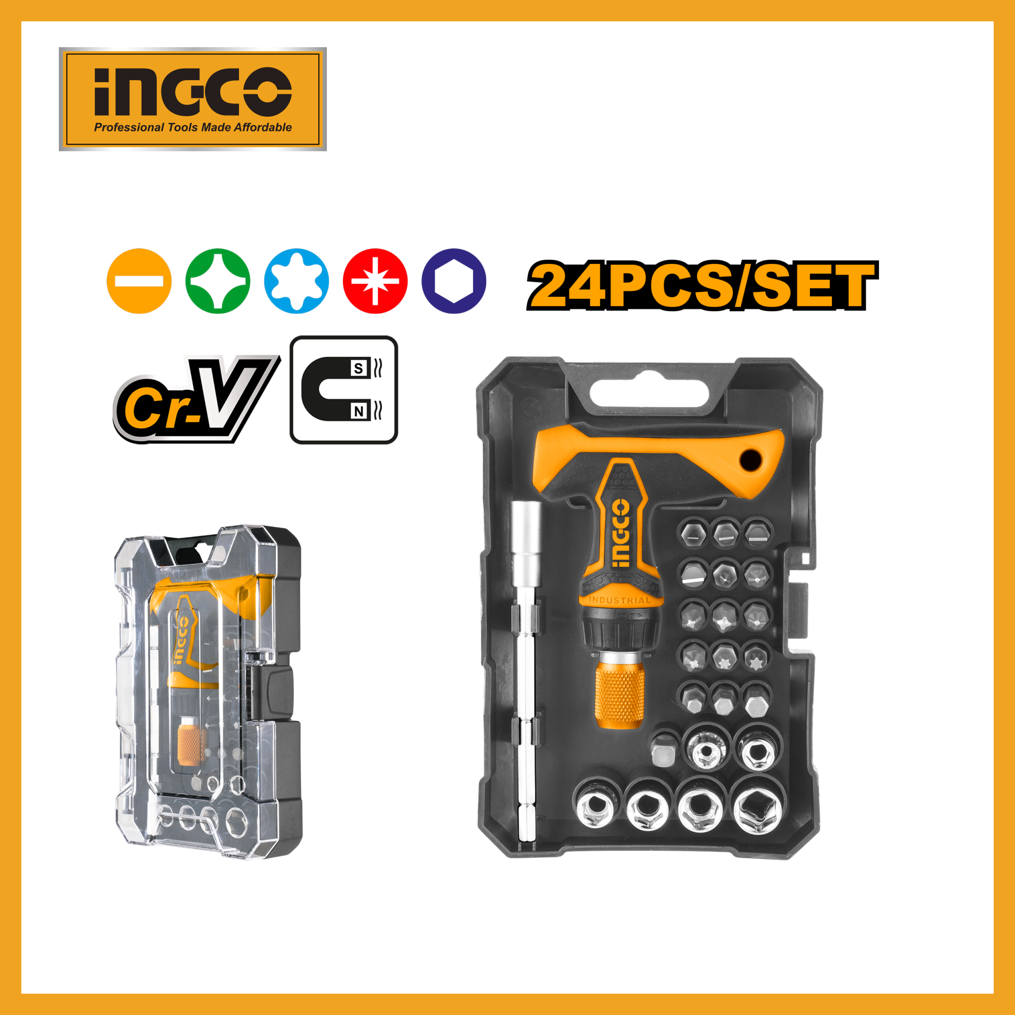 24 Pcs T-handle Wrench Screwdriver Set Ingco hksdb0188