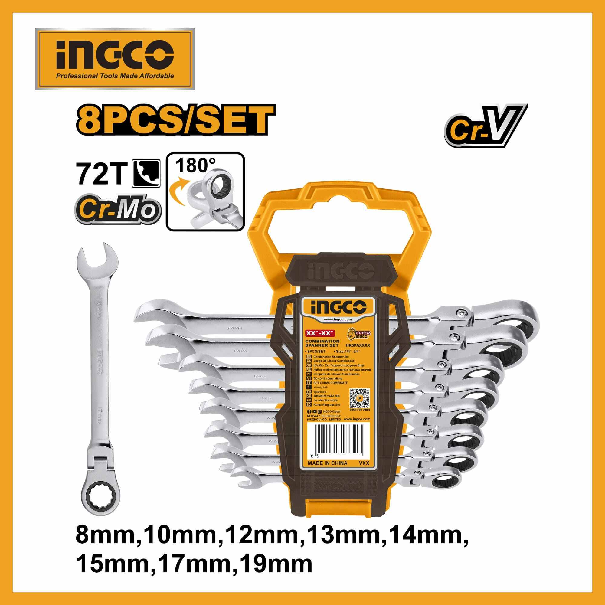 8 Pcs Flexible Ratchet Spanner Set Ingco hkspar1083
