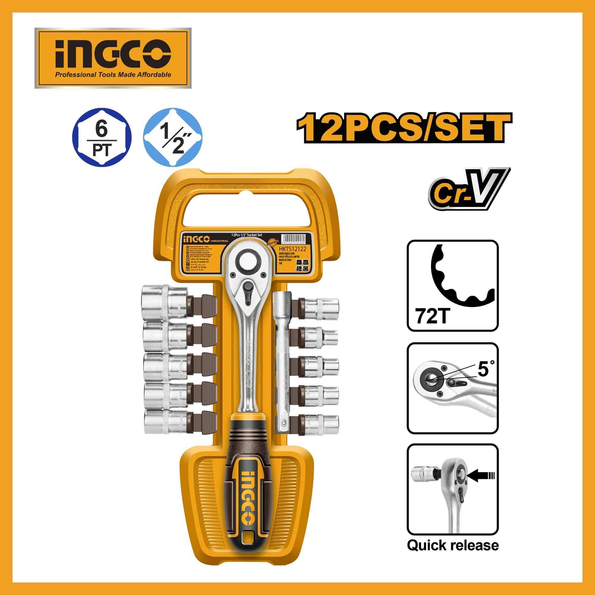 12 Pcs 1/2" Socket Set Ingco hkts12122