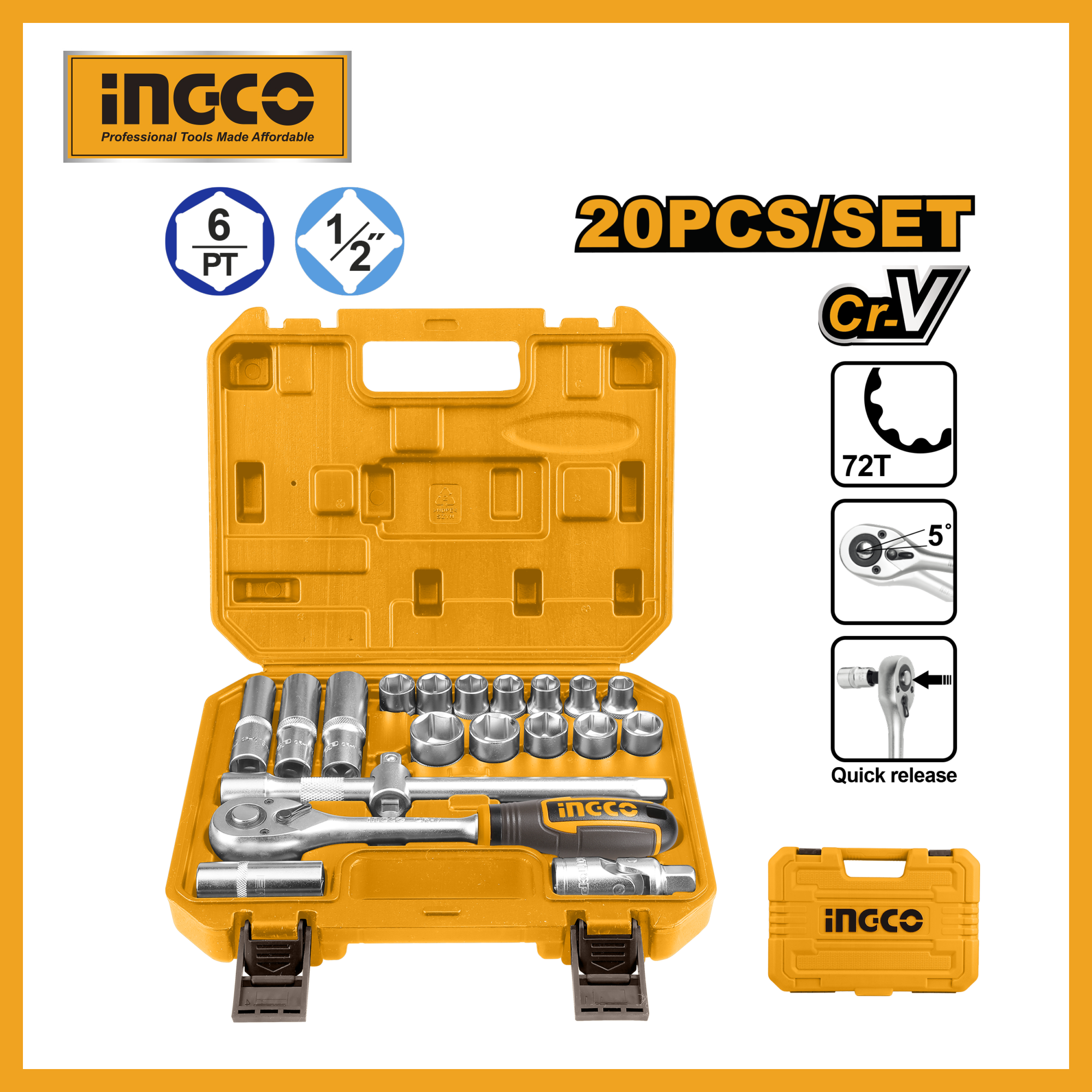 20 Pcs 1/2" Socket Set Ingco hkts12201