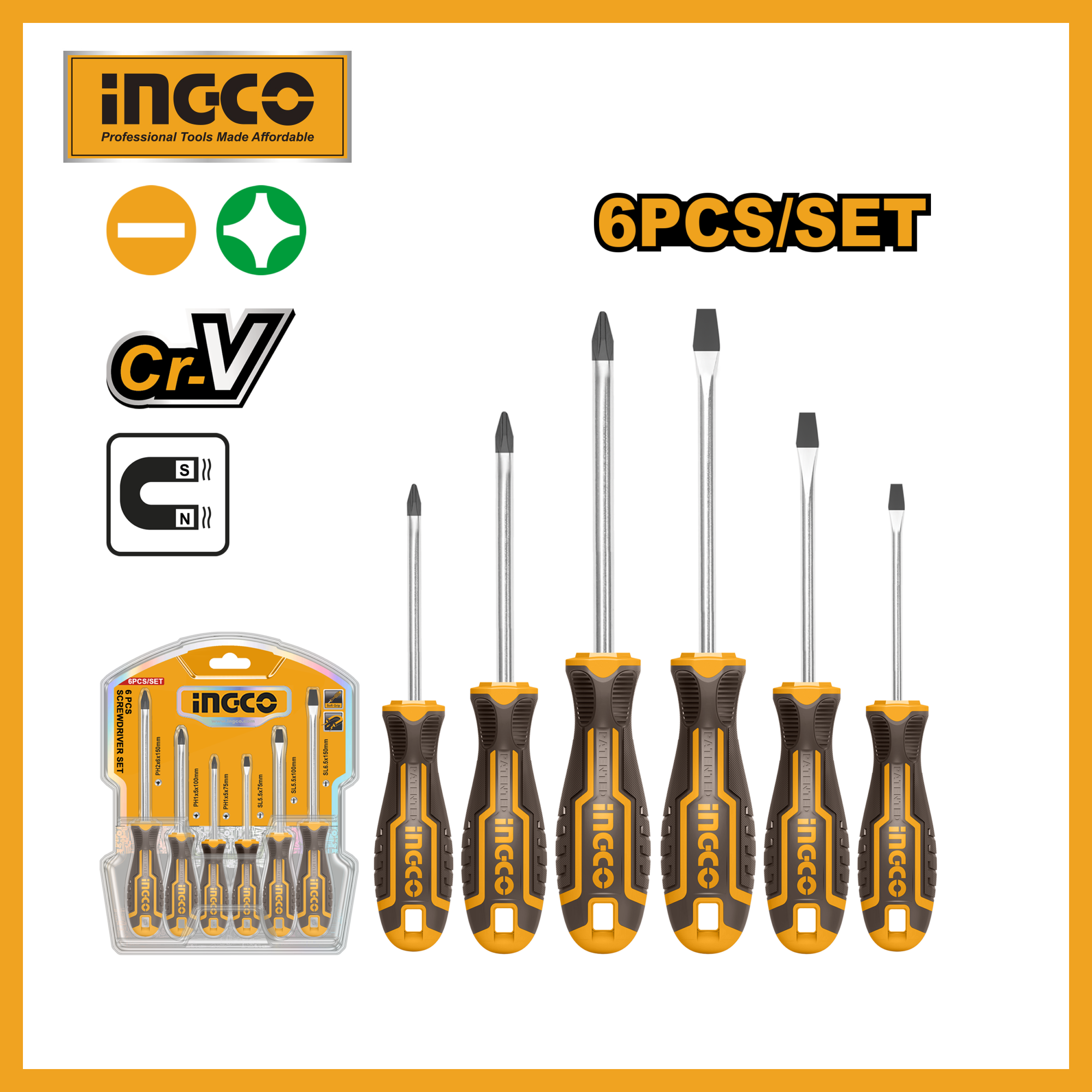 6 Pcs Screwdriver Set Ingco hksd0628