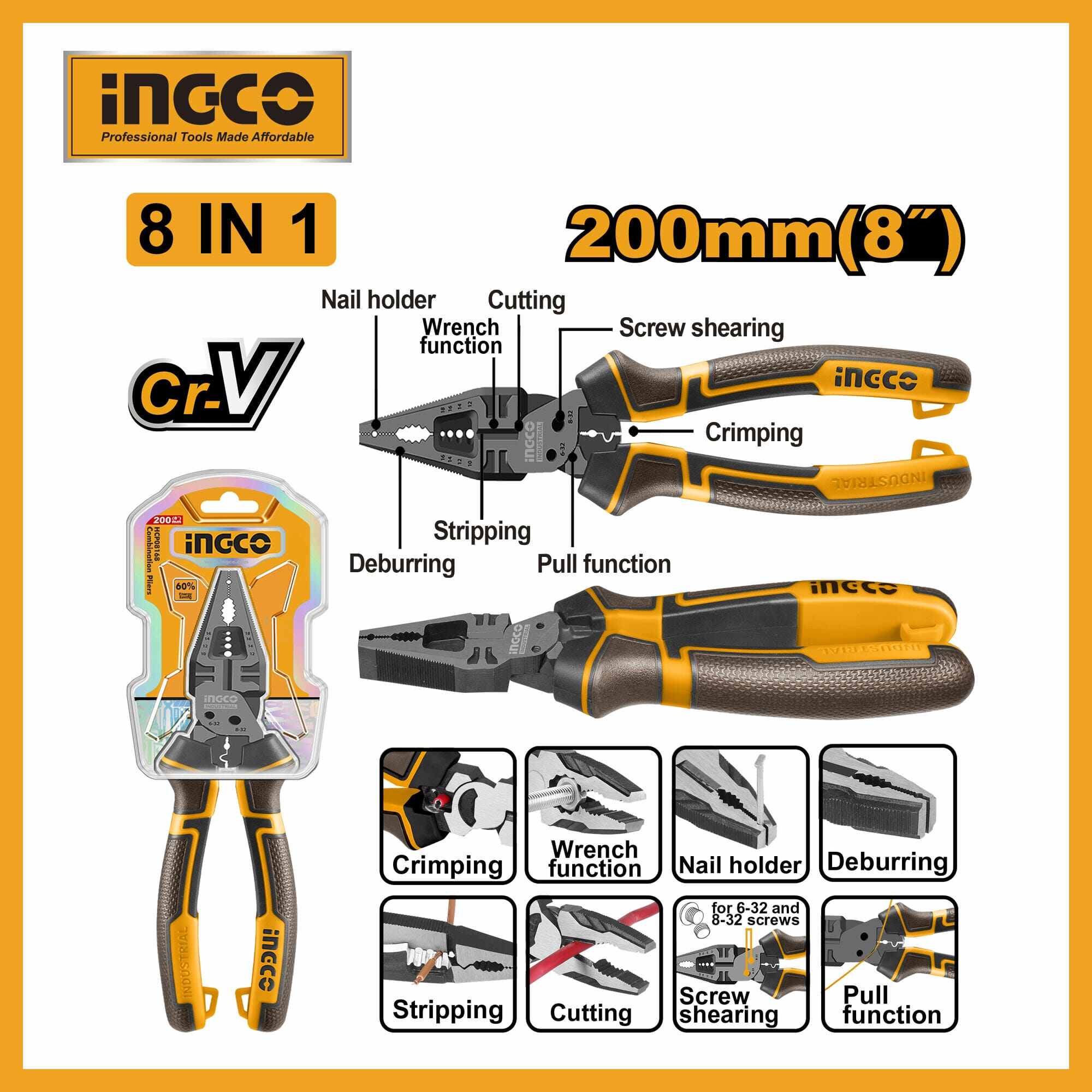 8 In 1 Multi-function Combination Pliers Ingco hmfcp28200